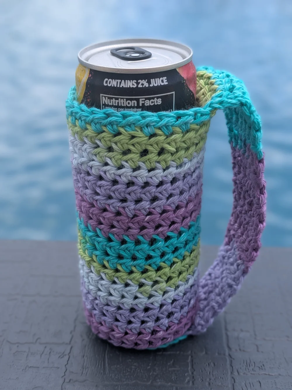 Handmade Crochet Can Cozy with Handle - Pastel Multicolor